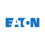 Logotipo da Eaton em letras maiúsculas azuis com círculo estilizado no centro da letra A, parceira de tecnologia da Líder Security.