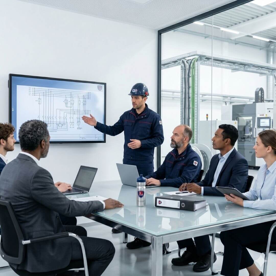 Engenheiro com capacete de proteção apresentando um projeto técnico de engenharia de incêndio em uma tela digital durante reunião corporativa com executivos e consultores.